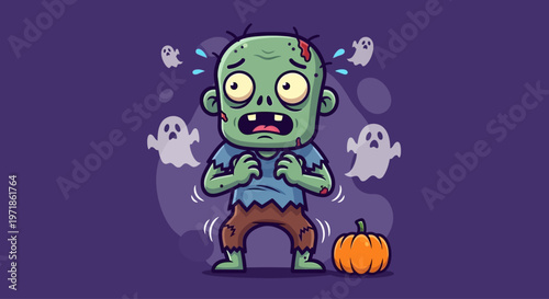 Scared zombie with ghosts and pumpkin, Halloween illustration, cartoon style