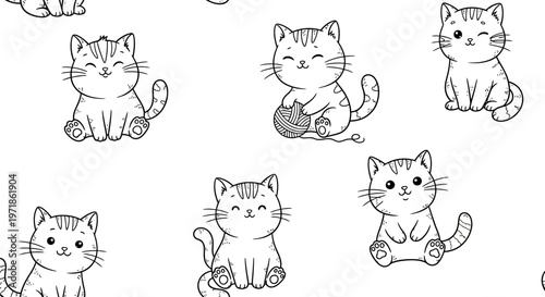 Cute Cartoon Kittens Seamless Pattern, Adorable Kawaii Cats Illustration