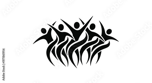 A group of abstract human figures with raised arms forms a circular pattern, representing unity and celebration.