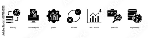 Business Intelligence web banner icon vector illustration featuring Hosting, Data Analytics, Graphs, Choices, Stock Market, Portfolio, and Engineering.