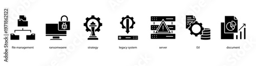 Information Security web banner icon vector illustration featuring File Management, Ransomware, Strategy, Legacy System, Server, ETL, and Document.