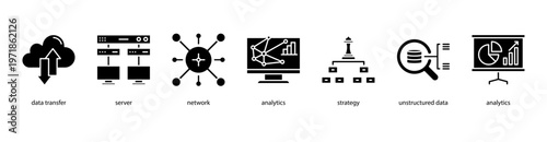 Advanced Analytics web banner icon vector illustration featuring Data Transfer, Server, Network, Analytics, Strategy, Unstructured Data, and Analytics.
