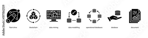 Digital Infrastructure web banner icon vector illustration featuring Flash Drive, Blockchain, Data Mining, Data Modelling, Operational Databases, Database, and Document.