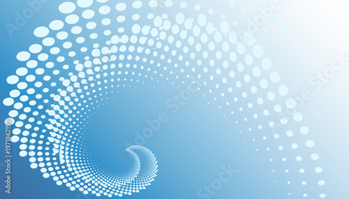 白いドットが渦を巻くように広がるダイナミックで奥行きのあるブルーグラデーションの抽象デジタル背景