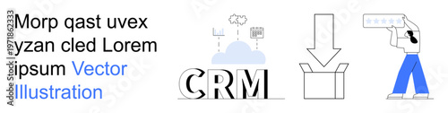 Business automation, data organization, cloud computing, CRM systems, logistics, e-commerce solutions. CRM letters with cloud and data icons, box with arrow person scanning. Business automation