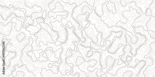 Topographic map pattern with wavy lines and contours on white background