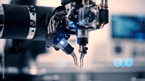 A close-up view of a mechanical robotic arm with a claw-like tool