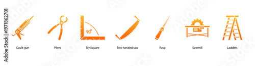 Carpentry Tools web banner icon vector illustration featuring Caulk Gun, Pliers, Try Square, Two Handed Saw, Rasp, Sawmill, and Ladders.