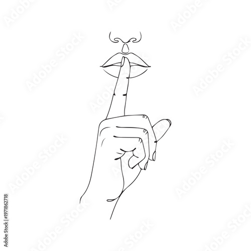 Continuous line drawing of a woman holding finger to her lips making a shh silence gesture minimalist vector illustration
