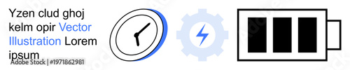 Productivity, energy efficiency, power optimization, work management, renewable energy, and performance tracking. Clock, gear icon and battery graphic. Productivity and energy efficiency concept