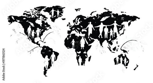 A world map graphic is formed by a multitude of interconnected human silhouettes, symbolizing global unity and community across continents.