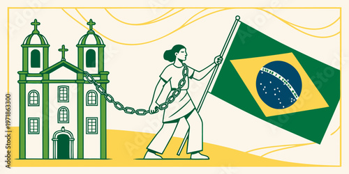 Brazil Independence Vector with Woman Flag and Colonial Church