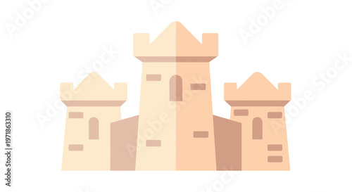 Flat design sandcastle icon with battlements and towers on white background