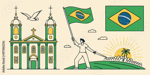 Brazil Independence Day Illustration with Flag, Church and Sunrise