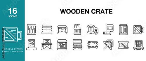 Wooden Crate icon set. Includes crate, wooden, box, container, storage, packaging and More. Editable Stroke Icon Collection.