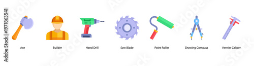 Precision Tools web banner icon vector illustration featuring Axe, Builder, Hand Drill, Saw Blade, Point Roller, Drawing Compass, and Vernier Caliper.