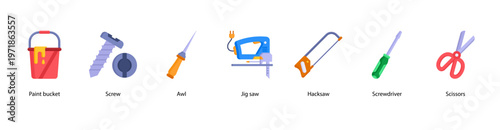 Cutting and Assembly web banner icon vector illustration featuring Paint Bucket, Screw, Awl, Jig Saw, Hacksaw, Screwdriver, and Scissors.