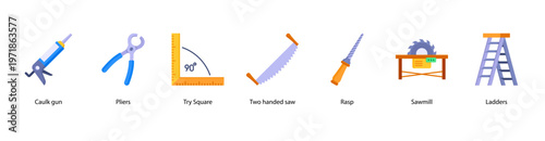 Carpentry Tools web banner icon vector illustration featuring Caulk Gun, Pliers, Try Square, Two Handed Saw, Rasp, Sawmill, and Ladders.