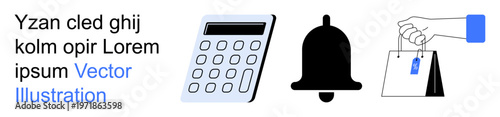 E-commerce, business tools, notifications, financial planning, retail transactions, sales alerts. Calculator, bell and shopping bags with tag in flat design. E-commerce and business tools concept