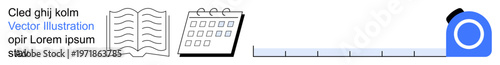 Education, scheduling, time management, content creation, organization, measurement tools. Open book, calendar icon measuring tape graphic. Education and scheduling concept