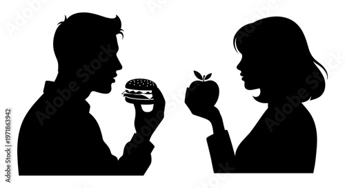 A man and woman choose between a burger and an apple Vector, illustration