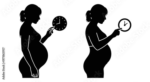 Pregnant woman silhouette with clocks Vector, illustration