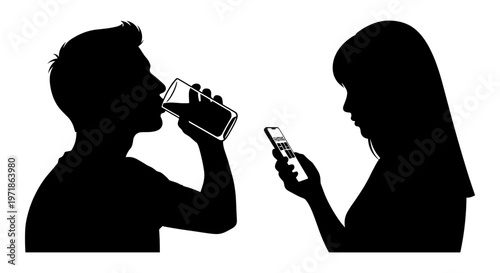 A man drinking while a woman uses her phone Vector, illustration