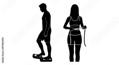 Silhouette of a man and woman monitoring their weight Vector, illustration
