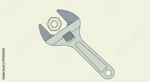 Adjustable wrench holding a hexagonal nut, isolated on a light background