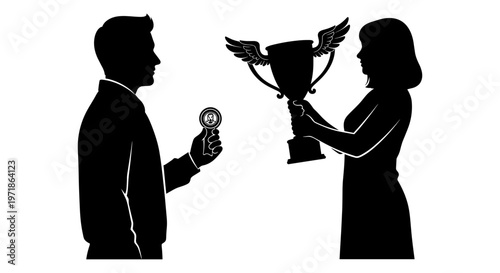 A man and woman in silhouette exchanging a coin and trophy Vector, illustration