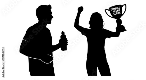 A woman holds a trophy and celebrates while a man looks on Vector, illustration