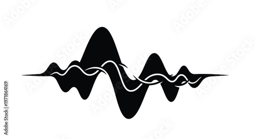 Abstract black waveform with interwoven white lines represents sound, music, or data fluctuations.