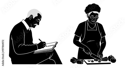 Elderly man and woman engaged in daily activities Vector, illustration