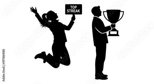 A man and woman in silhouette celebrating a top streak Vector, illustration