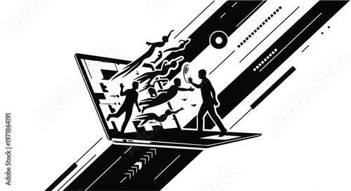 Silhouetted figures tumble out of an open laptop screen, representing digital overload and information chaos.
