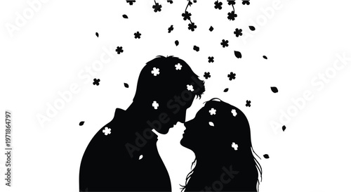 Silhouetted couple shares a tender moment as stardust falls around them, symbolizing romance and dreams.
