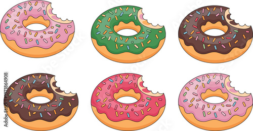 Assorted delicious bitten donuts with colorful frosting and sweet sprinkles collection isolated on white background flat vector illustration set