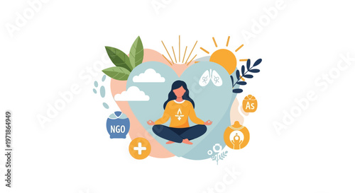 A vector illustration shows a woman meditating in the lotus position inside a heart shape with wellness awareness icons, set against a clean white background, conveying a peaceful