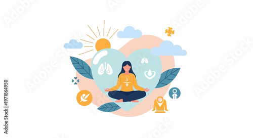 A serene person sits in a lotus position for mental health and wellness awareness in a conceptual vector illustration set against a heart shape with medical icons, conveying a peaceful