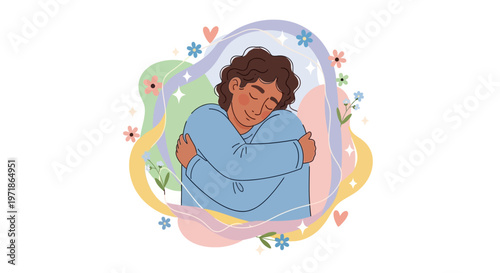 A vector illustration shows a person embracing themselves, conveying mental health and wellness awareness with soft pastel colors and floral elements on a clean white background