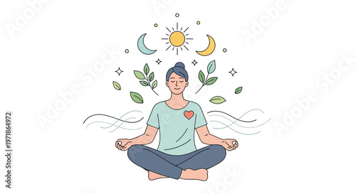 Mental health wellness awareness vector illustration of a person meditating in a lotus position with celestial objects and leaves floating above her head against a clean white background