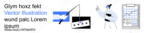 Online security, phishing threats, data analysis, digital privacy, IT security, authentication. A hand holds a phishing hook, a woman presents data and a clipboard displays analytics. Online