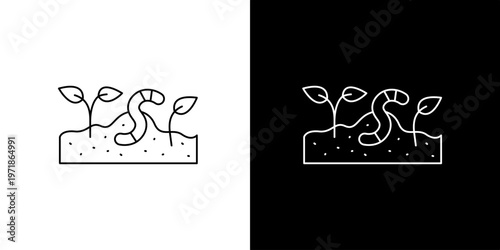 Line icon of a garden worm enriching soil with sprouting plants, symbolizing organic gardening, healthy ecosystem, growth, and sustainable agriculture