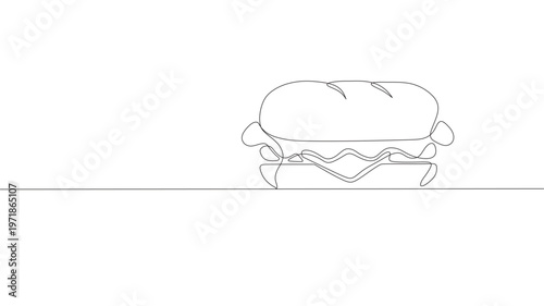 One continuous line illustration of a sandwich, isolated on white background, One single line drawing of fresh sandwich logo vector graphic design. Hot dog fast food cafe menu and restaurant copy.