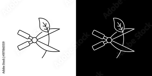 Minimalist line art icon depicting garden pruning shears trimming a fresh green leaf, symbolizing horticulture, plant care, and landscaping activities for various design projects