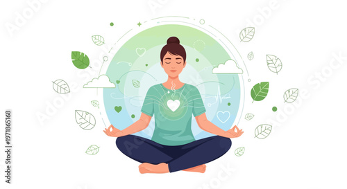 Vector illustration featuring a serene woman meditating in a lotus position with closed eyes, promoting mental health and wellness awareness against a background of soft pastel colors