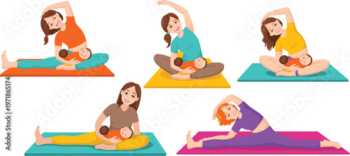 Mother and baby yoga set with cartoon woman exercising and stretching on mats for postnatal fitness and wellness.