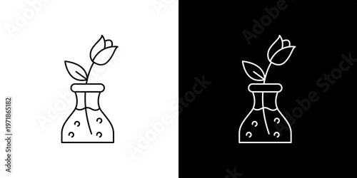 Minimalist line art icon illustration of a rose in a vase, presented on white and black backgrounds for versatility