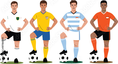 Set of professional male soccer players in colorful team uniforms standing with footballs for sports competition and fitness.