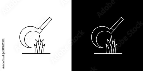 Outline icons of a sickle cutting grass, presented in both black and white versions for versatile design applications